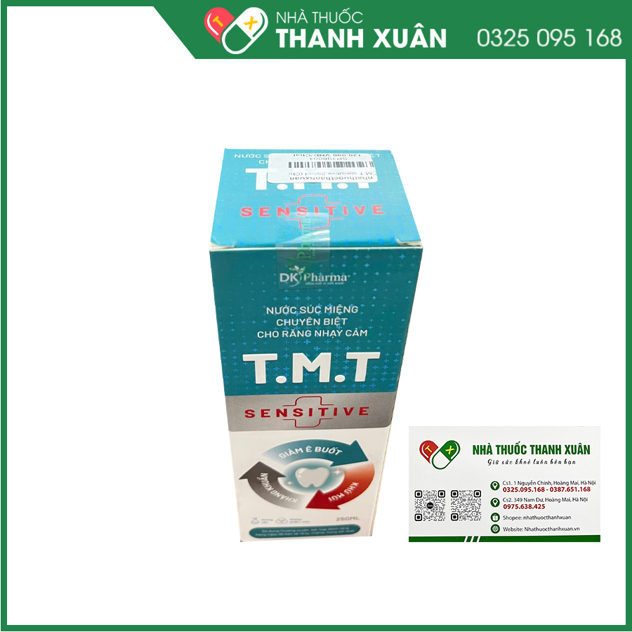 Nước súc miệng T.M.T Sensitive giúp hỗ trợ giảm ê buốt răng, sát khuẩn miệng, ngăn ngừa mảng bám và vi khuẩn, hỗ trợ phòng ngừa sâu răng, viêm lợi và các bệnh nhiễm khuẩn miệng họng